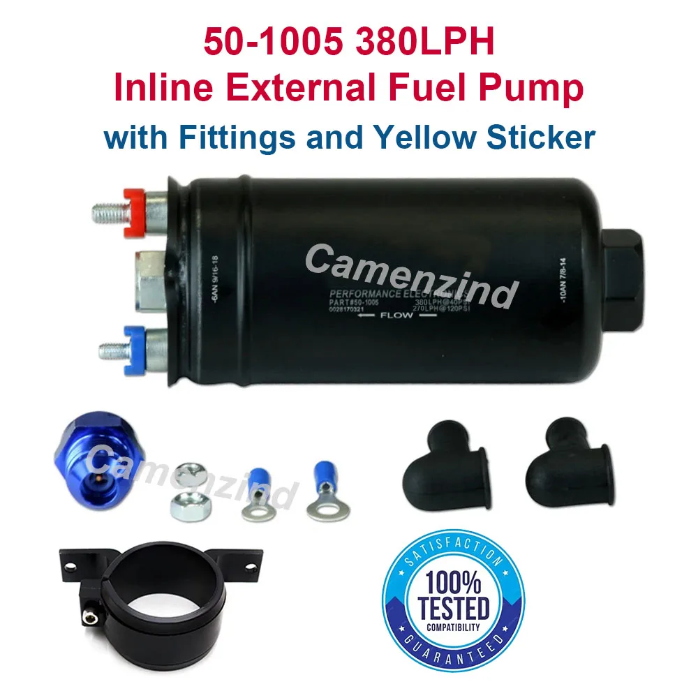 

NEW 50-1005 380LPH 044 Style Inline External High Flow High Pressure Fuel Pump with fittings and Yellow sticker