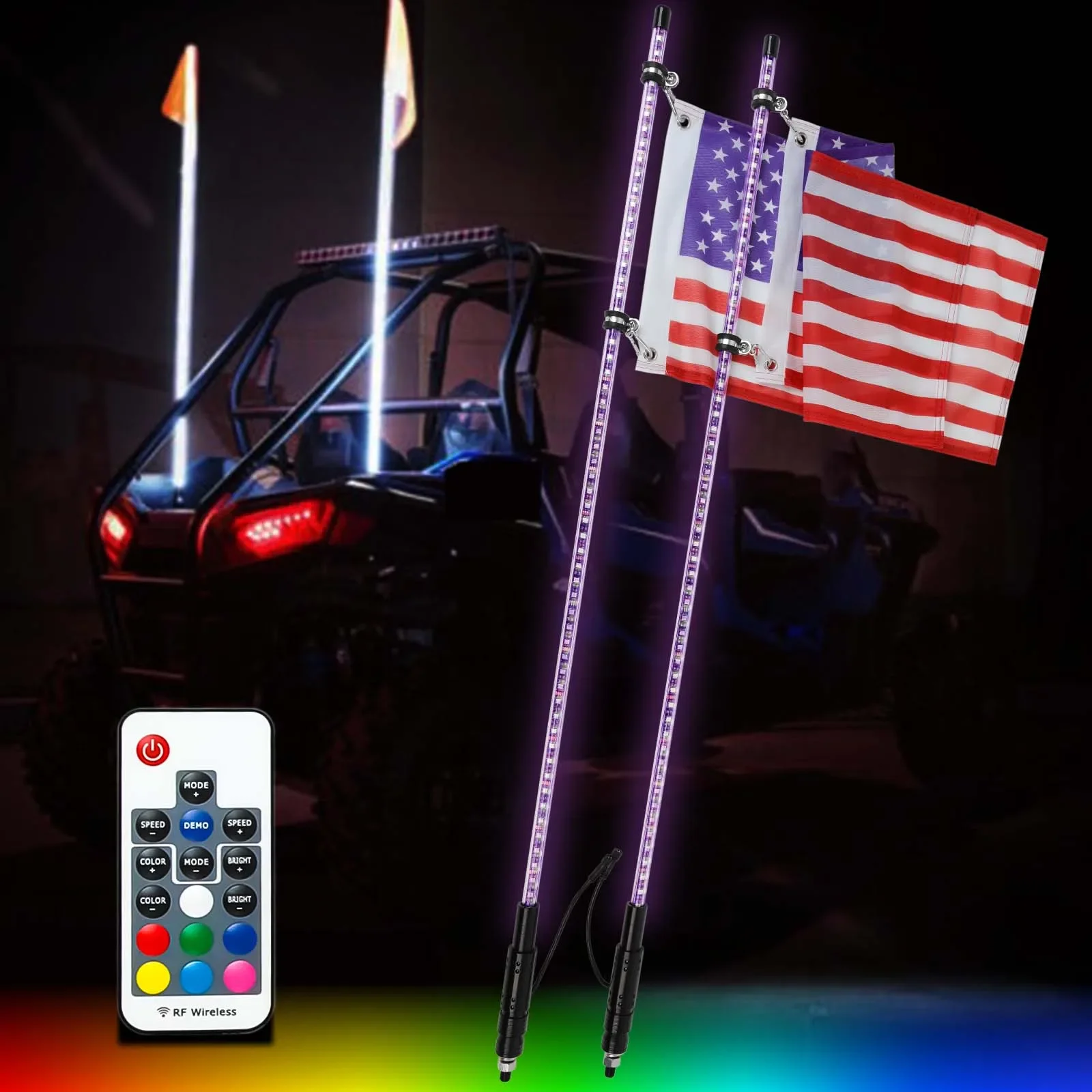 Impermeável LED Flagpole Light, Luz da bandeira, controle remoto, RGB cor mudando, Off-Road, ATV, UTV, ATV, RZR, 12V, 4FT, 2pcs