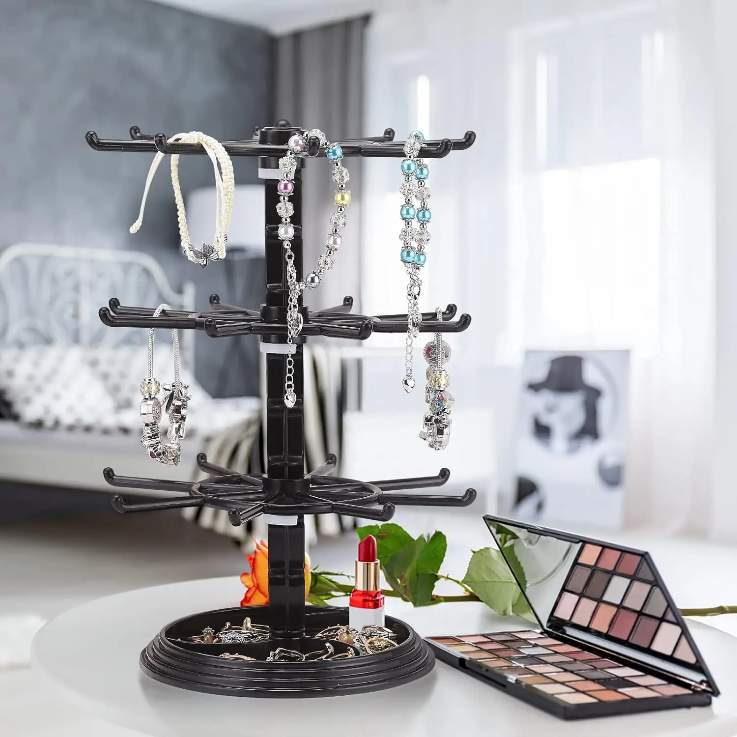1pc Black/Transparent Plastic Desktop Rotatable Jewelry Display Stand, Fashionable Counter Necklace Bracelet Ring Storage Rack
