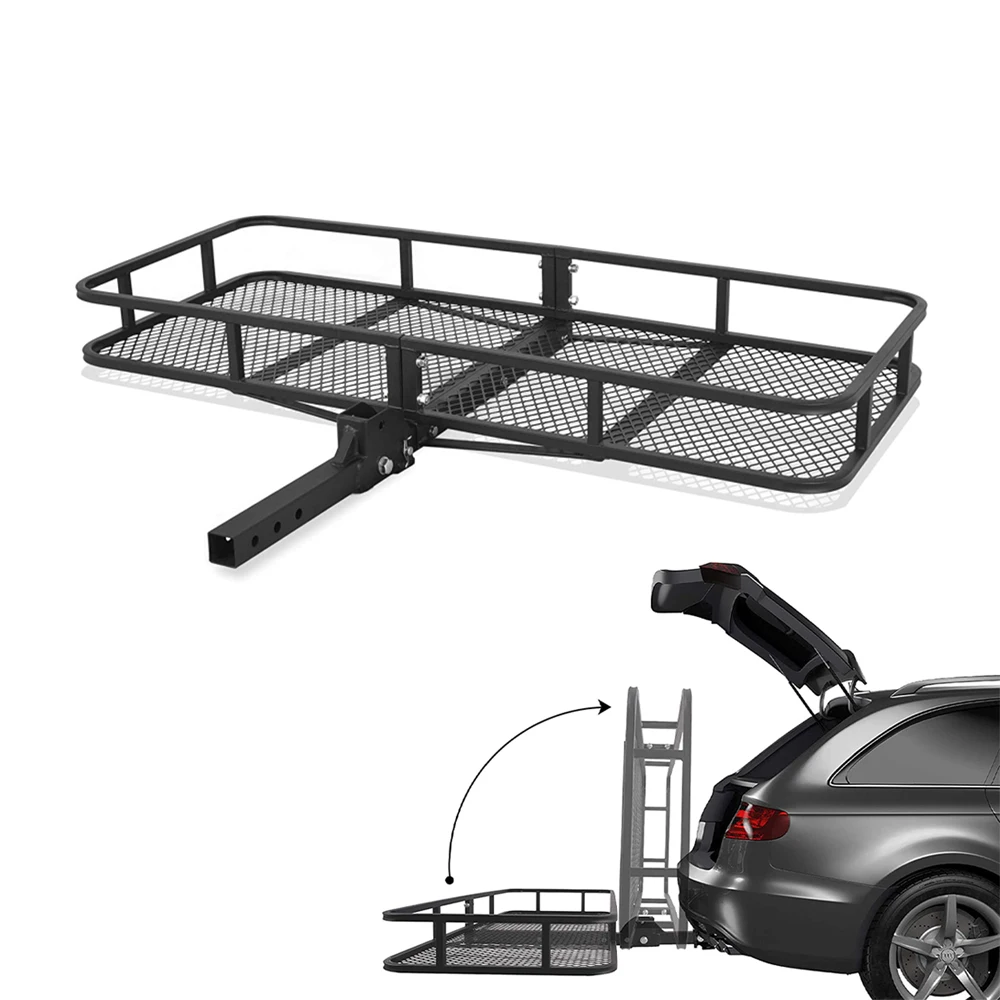 Car Rear Rack Folding Hitch Mount Cargo Carrier Basket 500LBS 60x24x6 Inch Powder Coated Steel Mesh Base Fit 2 Inch Receiver SUV