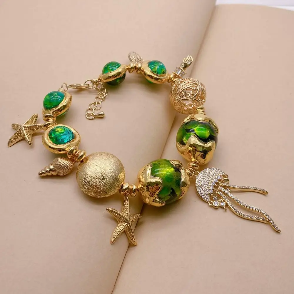 Y·YING Green Murano Glass White Pearl Gold Plated Charm Beaded Bracelet Handmade Fashion Jewelry image 4