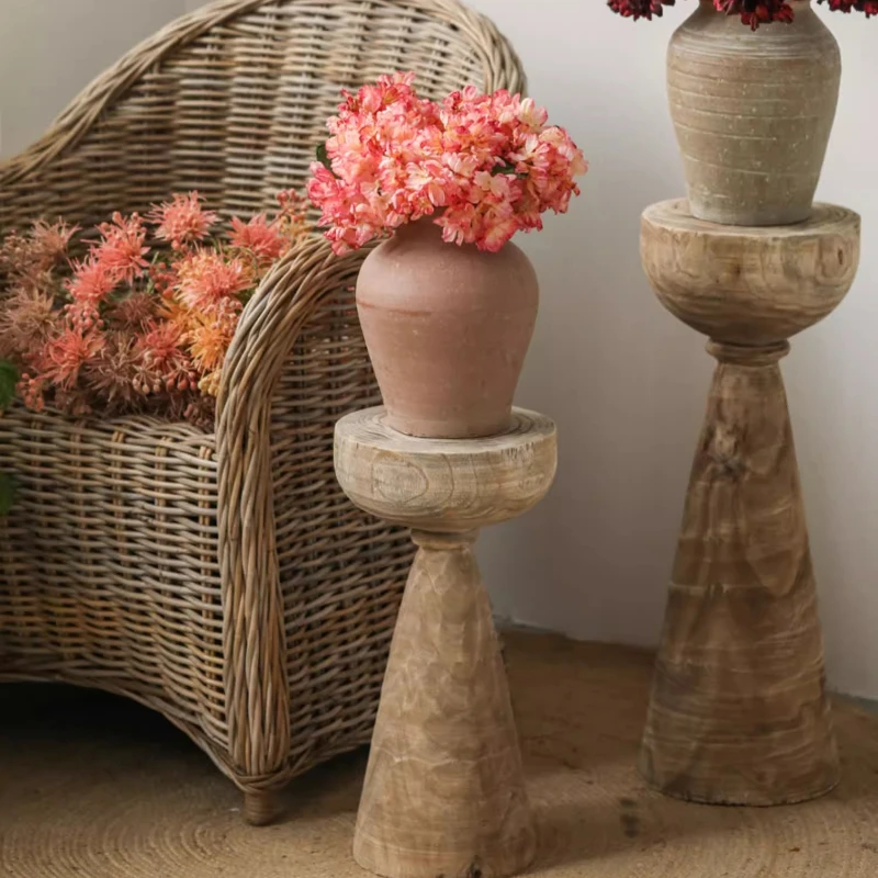 Wabi-Sabi Solid Wood Plant Stand for Living Room/Balcony Column Floor Shelf  Minimalist Vacation Home Decorative Storage Rack