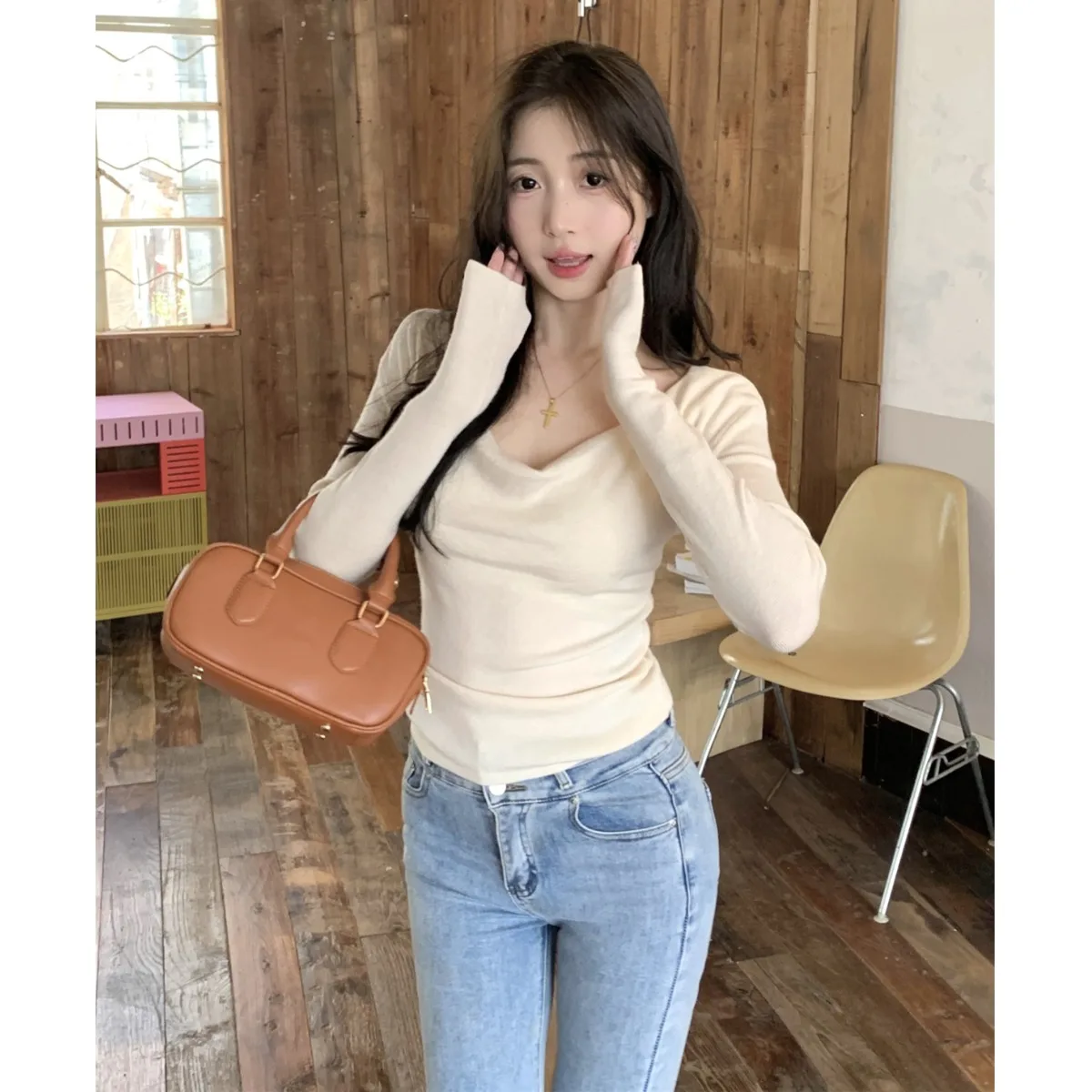 تصميم معقول المرأة سترة صوف محبوكة سليم صالح واحد الكتف قاعدة irt ربيع جديد Sle تخفيف لون نقي طويل Sve #1