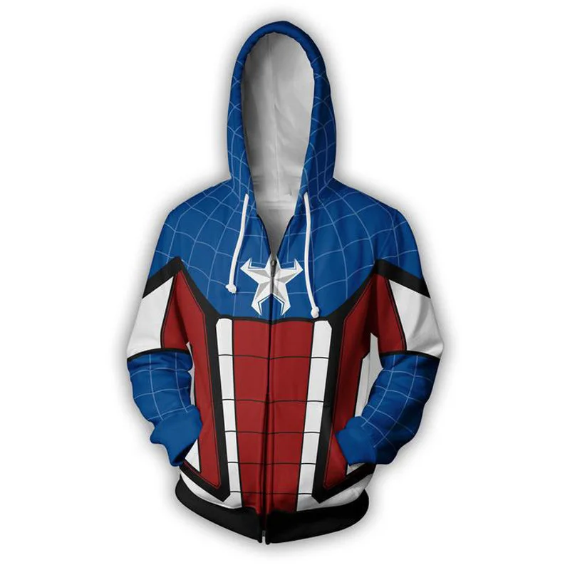 Captain America：Civil War Cosplay Costume Hoodie 3D Print Sports Wear Captain  Jacket Spiderman Zipper Thin School Asian size