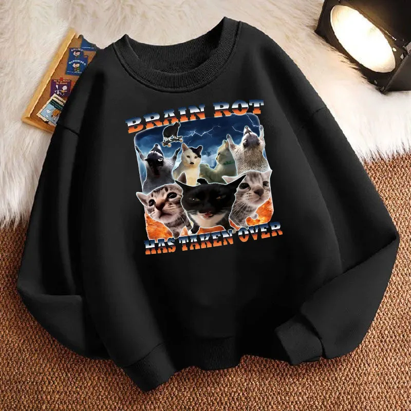 Graphic Brain Rot Has Taken Over Cat Design Sweatshirt Pullover Frühlingspullover mit Rundhalsausschnitt, grafischer Kinder-Hoodie für Jungen/Mädchen