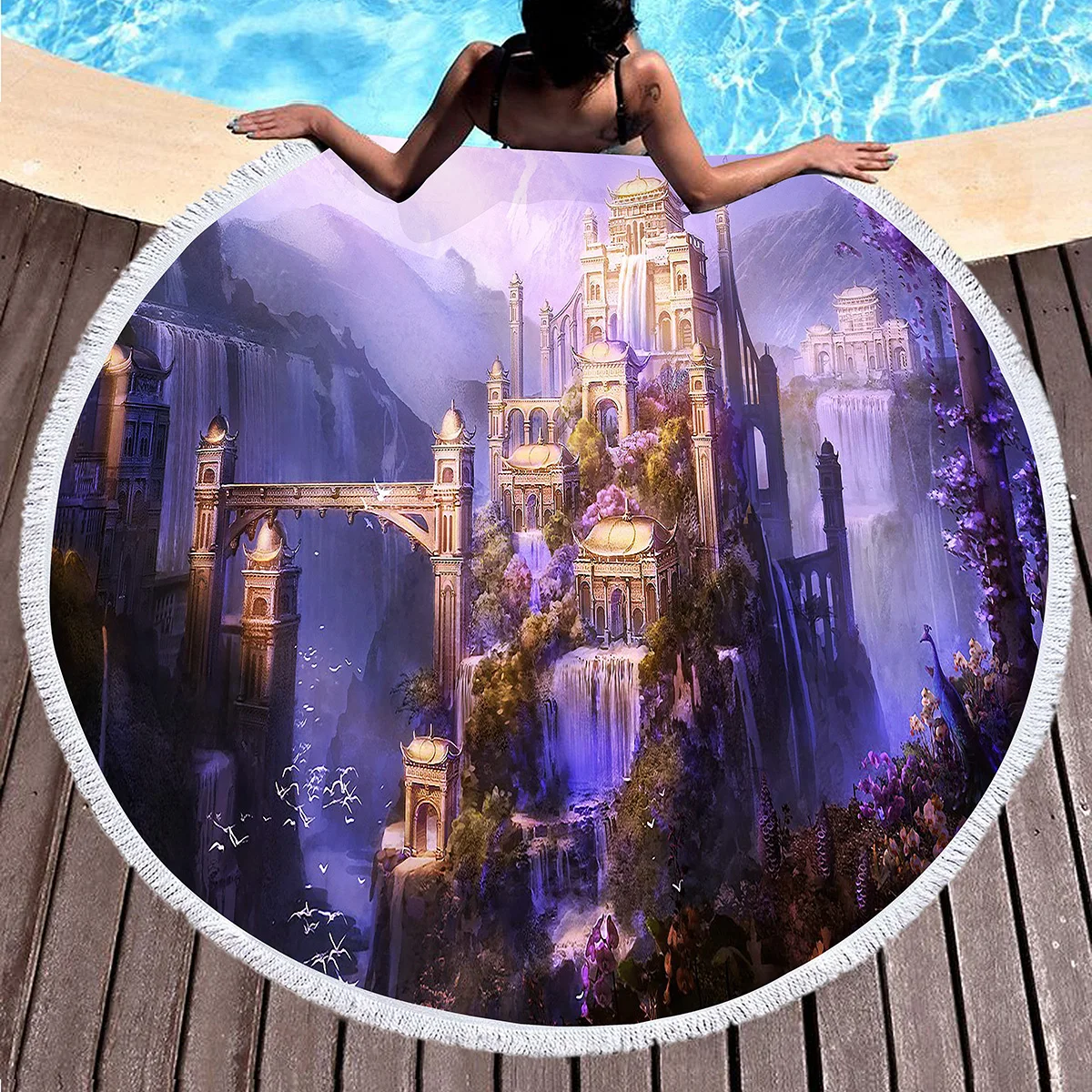 Oversized Round Beach Blanket,Dream Castle Series Sand-free Quick-Drying Soft And Comfortable Beach Towel Bath Towel Yoga Mat