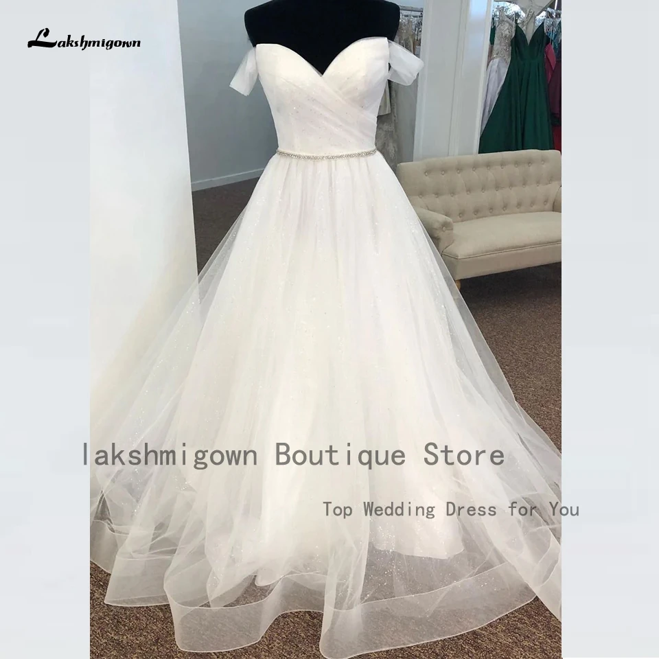 Lakshmigown Sparkly Tüll Prinzessin Hochzeit Kleider Weg Von der Schulter 2023 Schatz Boho Braut Strand Hochzeit Kleider