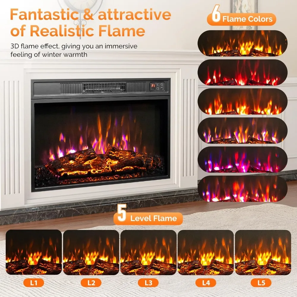 Smart Electric Fireplace Insert with APP & Remote, 1500W Recessed Heater, 8H Timer, 3 Flame Colors, 5 Brightness Levels