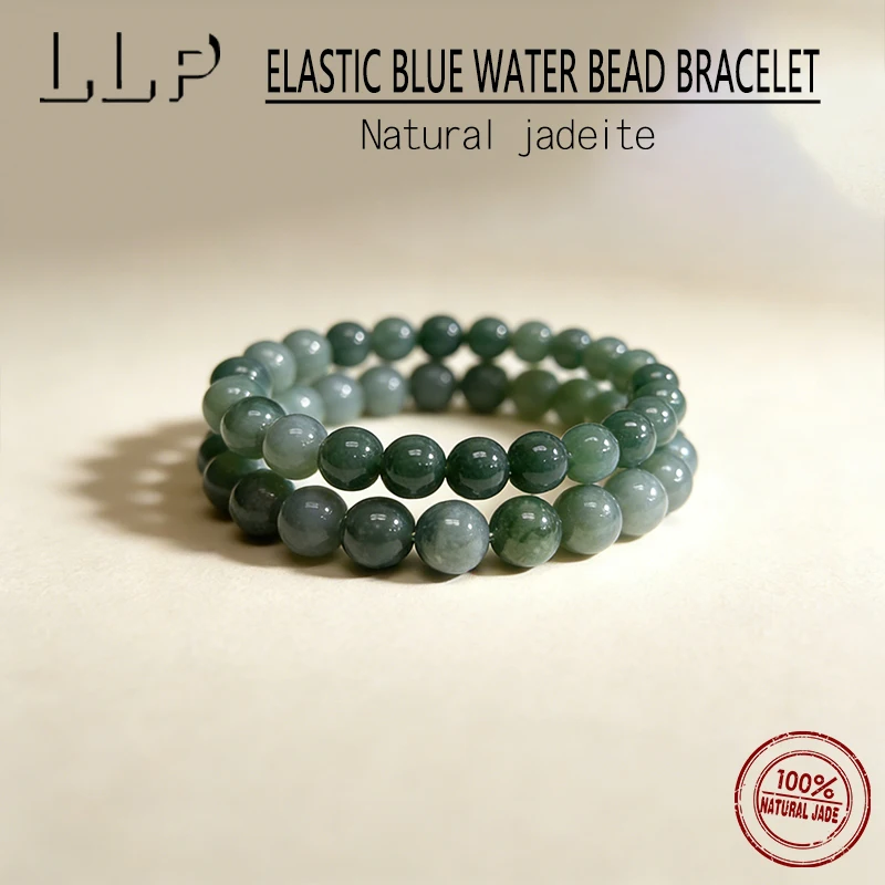 Natural Grade A Jade Blue Water Round Bead Elastic Rope Handbag For Ladies Lucky And Fashionable Jewelry