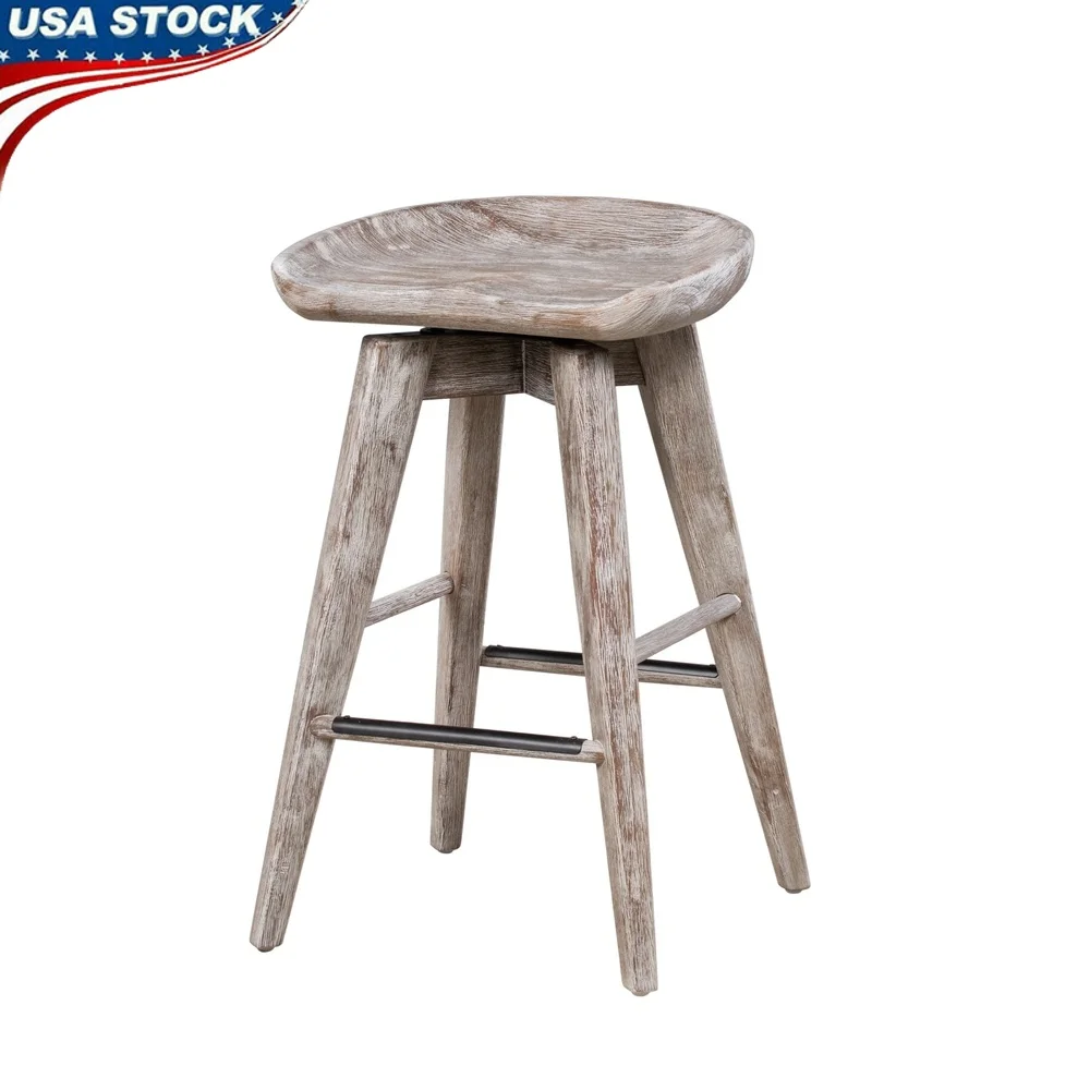 

Backless 360-Degree Swivel Wood Counter Stool Solid Hardwood Barnwood Finish Kitchen Bar Dining Room Furniture