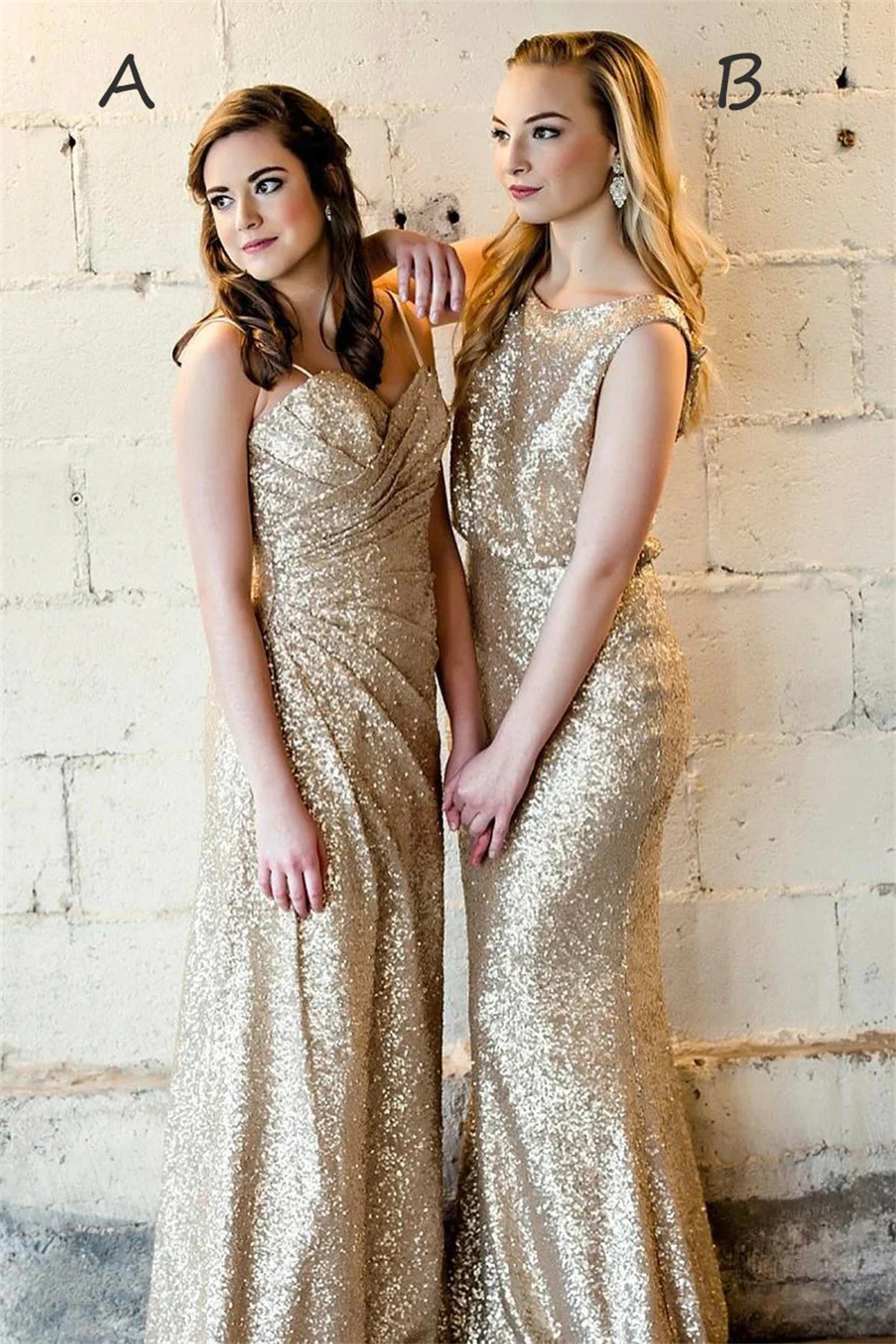 

Lovely Gold Bridesmaid Dress Sequins Long Wedding Party Dress Custom Made A&B Styles Customized