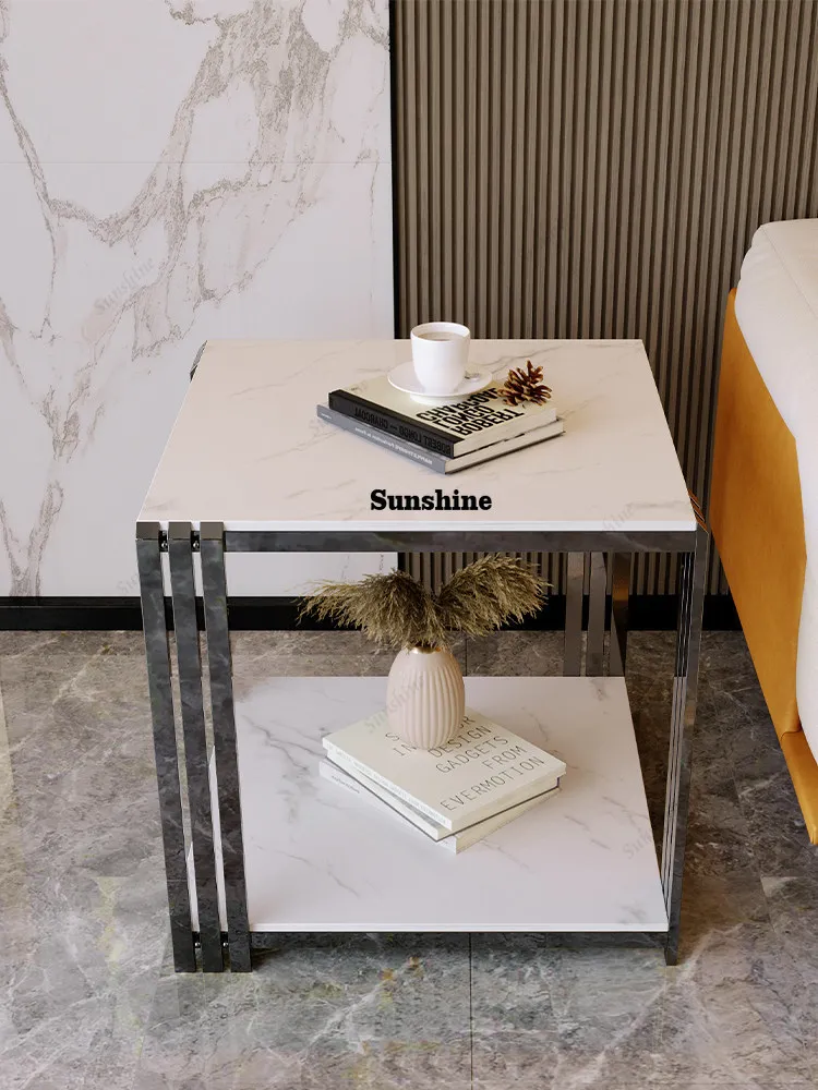 Black titanium stainless steel side table, high-end square living room slate small coffee table