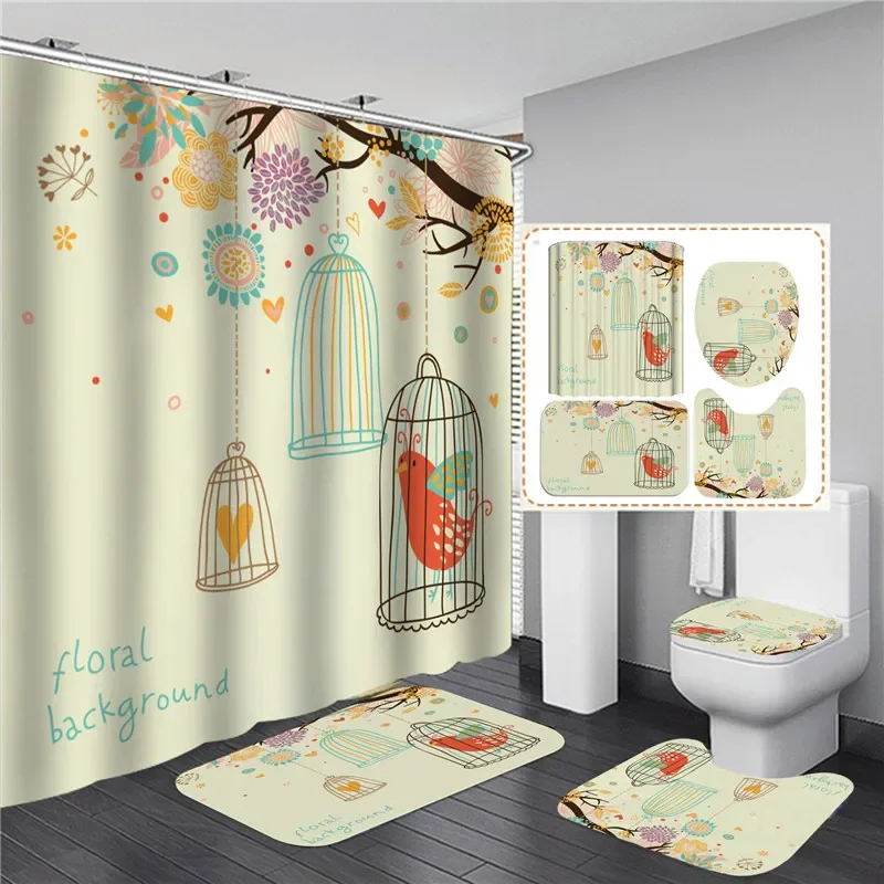 

Розовый комплект занавесок для душа с принтом больших цветов и ковром, противоскользящий ковер, ванна, туалетная ширма, водонепроницаемый декор для ванной комнаты с крючками