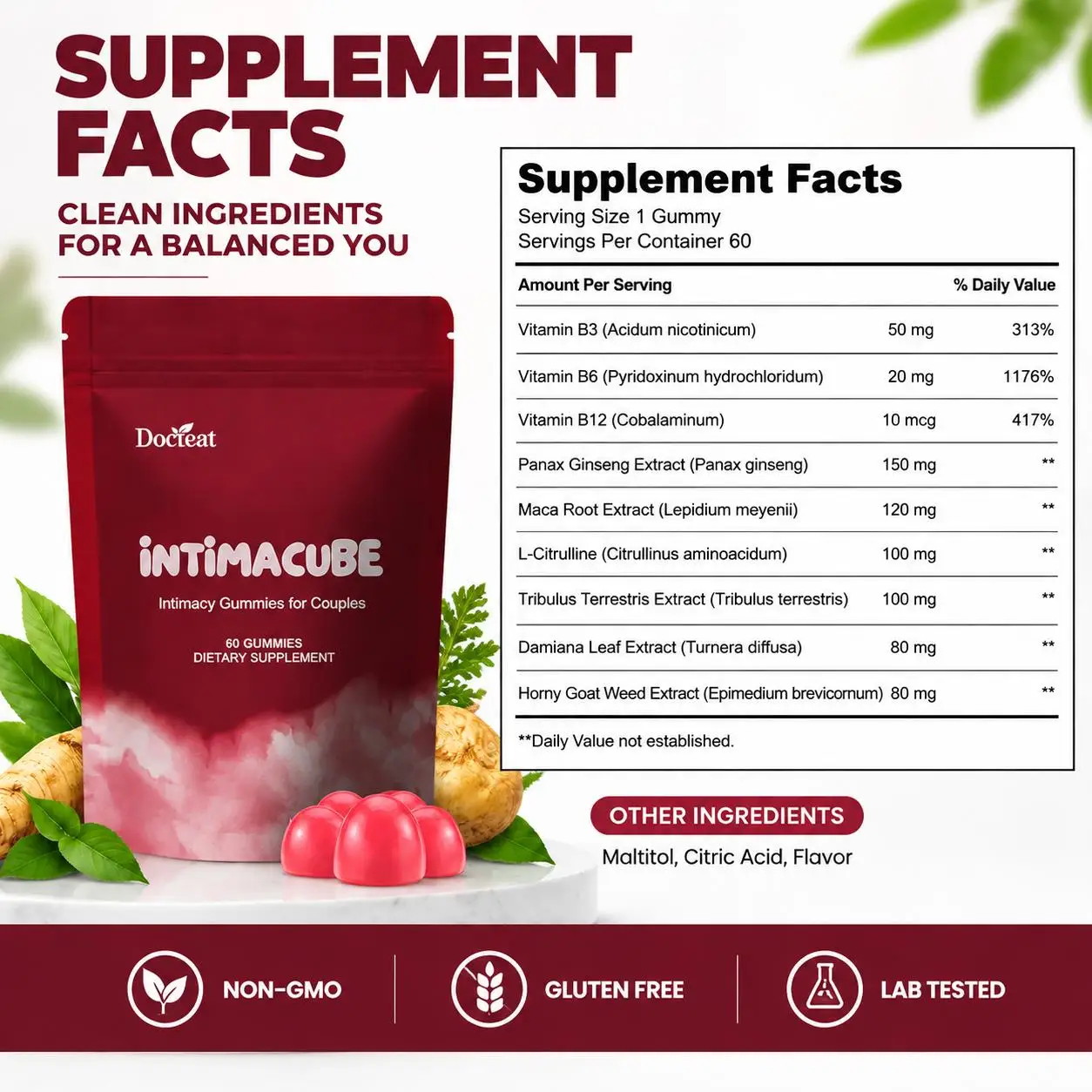 Intimacy Gummies for Couples, Romantic Mood & Date Night Connection with Vitamins B3 B6 B12 and Panax Ginseng 60 Gummies
