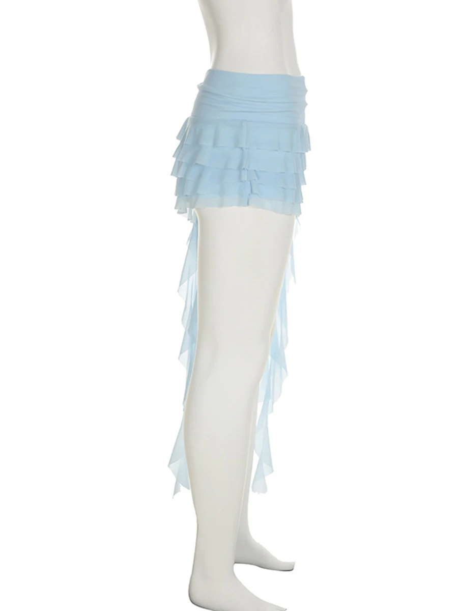 Nueva ropa de mujer 2025, falda fluida de malla con volantes de estilo festivo, falda de malla con cinta Irregular versátil de cintura baja