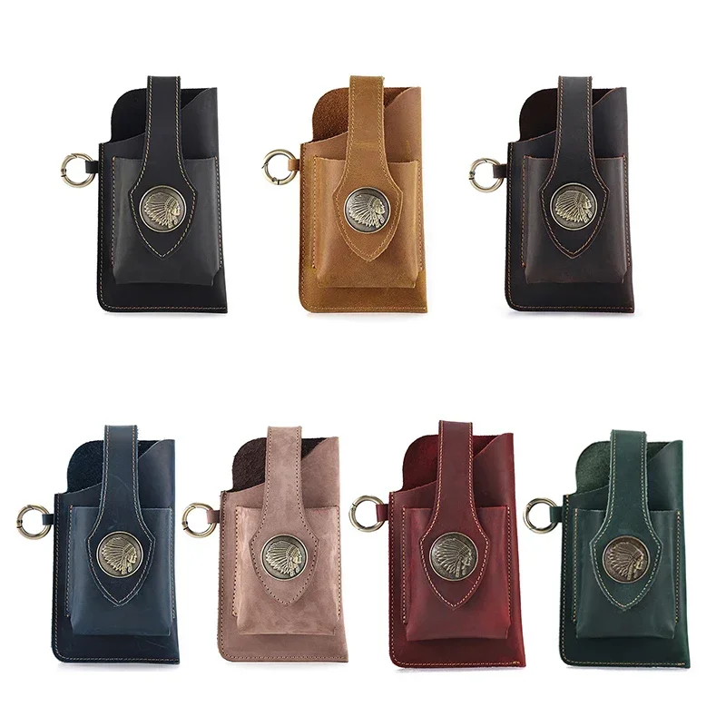 บุรุษหนังแท้เอวกระเป๋าโทรศัพท์มือถือกระเป๋าชายกลางแจ้งผู้ชาย Fanny Pack Key แนวตั้งสวมเข็มขัดรอบเอวกระเป๋า