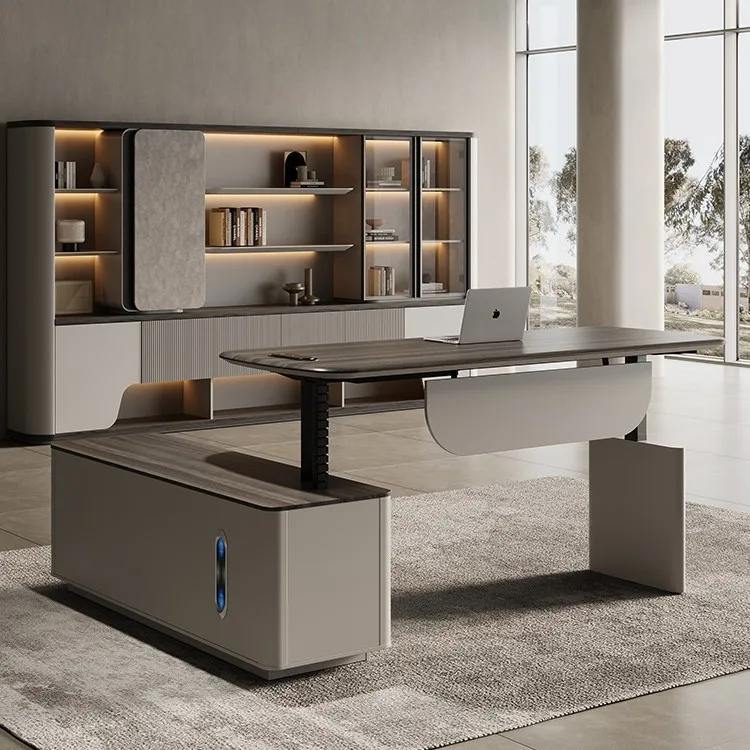 Modern Light Luxury Office Computer Desk with Smart Dual Motor Electric Height Adjustment Simple Wood Style Boss Panel