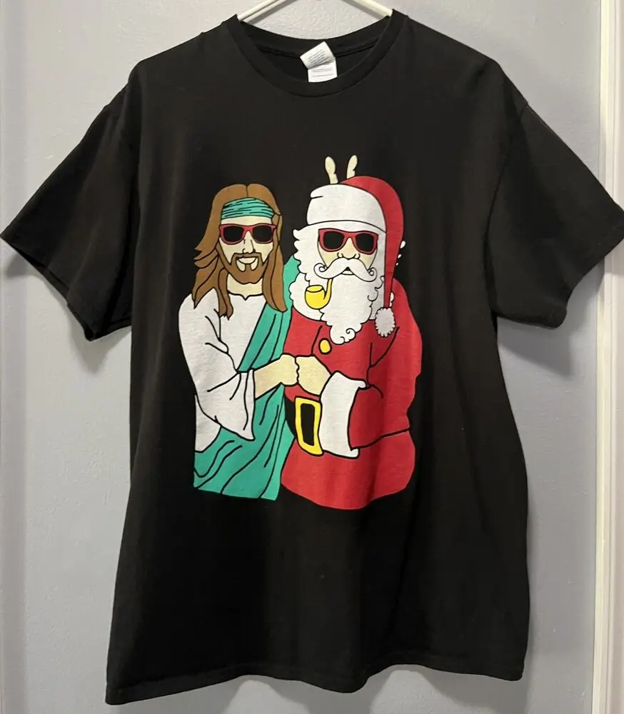 Santa Claus with Jesus Peace Sign Christmas T-Shirt Short Sleeve Casual Cotton O-Neck Summer Men T Shirt