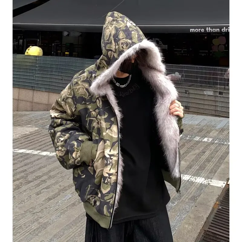 Winter Camouflage Print Casual American Vintage Loose Long Sleeve Zip Up Cotton Jackets Hooded Fur Collar Fashion Warm Outwear