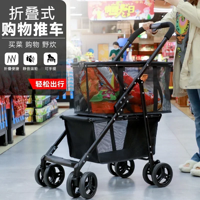 New Model Lightweight Supermarket Cheap Reusable Shopping Cart Hard Wearing Trolley Shopping Folding Cart