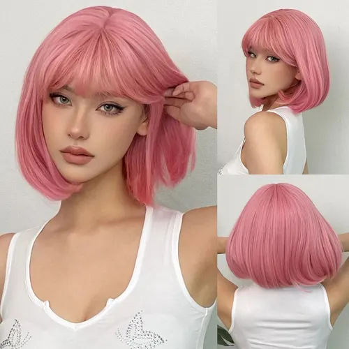 Peluca de cabello sintético con flequillo para mujer, pelo corto y liso con corte Bob, color rosa, fibra resistente al calor, ideal para Cosplay
