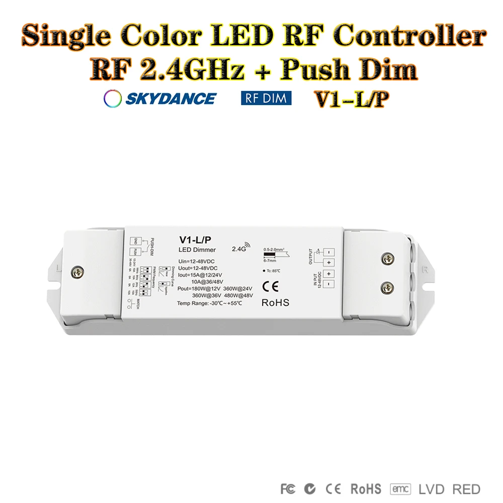 Skydance V1-L/P DC12-48V 2.4GHzRF+Push Dim Auto-transmitting/Synchronize 0-100% Dimming Controller For Single color LED strip