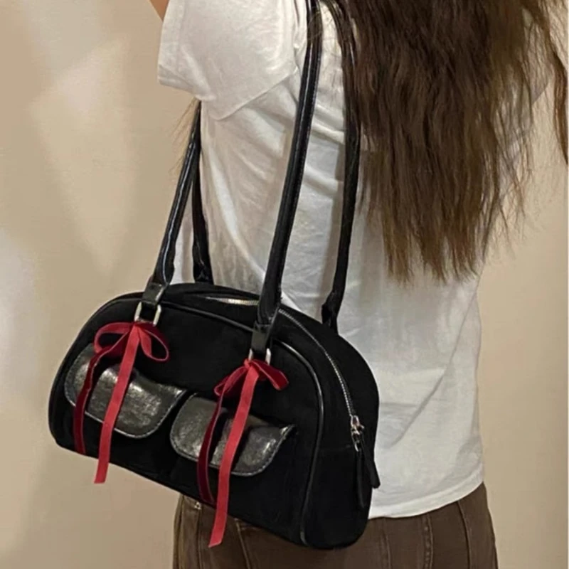 2024 New Women Y2k Aesthetic Bow Shoulder Bags Vintage Casual Streetwear Fashion Handbags Trendy All Match Simple Underarm Bag