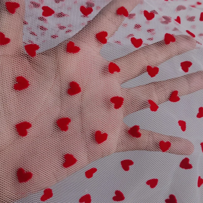 1 Yard High-quality Soft Red Heart Flocked Wave Dot Mesh Tulle Fabric Custom women's Skirt Wedding Dress Decorative Mesh Cloth