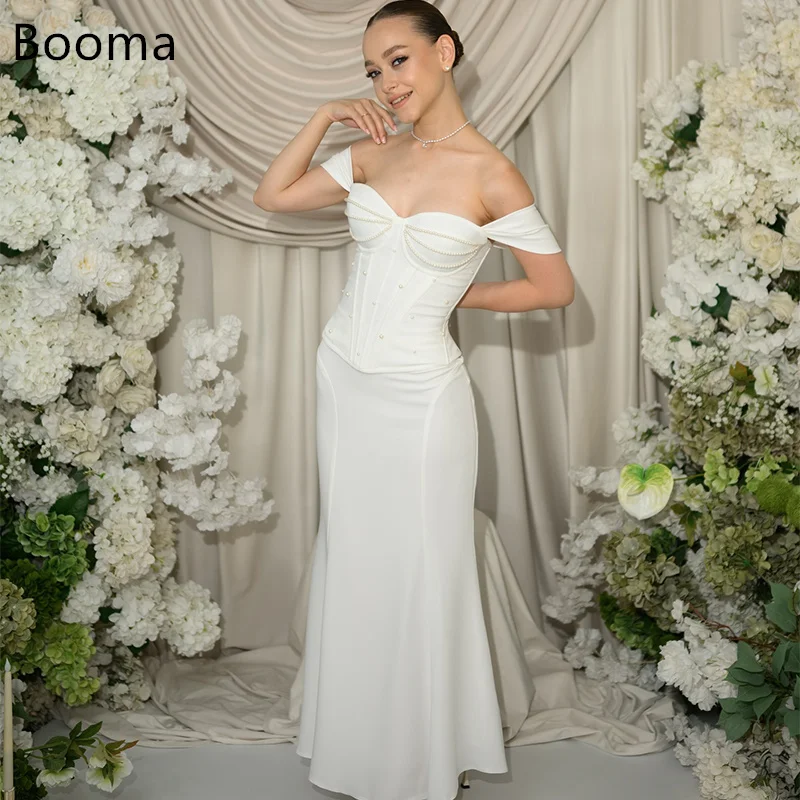 

Booma Mermaid Elegant Off The Shoulder Wedding Dresses Satin Pearls Long Sleeveless Brides Gown Custom Made 2025