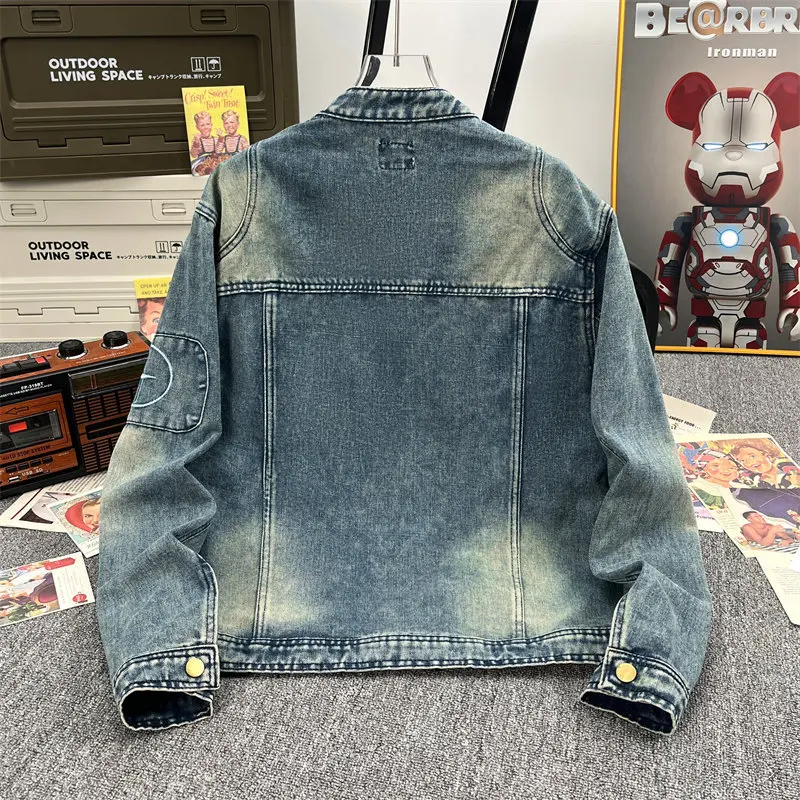 Men Denim Coats Stand Collar Jackets Zipper Full Sleeve Vintage Washed Loose Coat Y2k Streetwear Work Casual Zippers Distressed