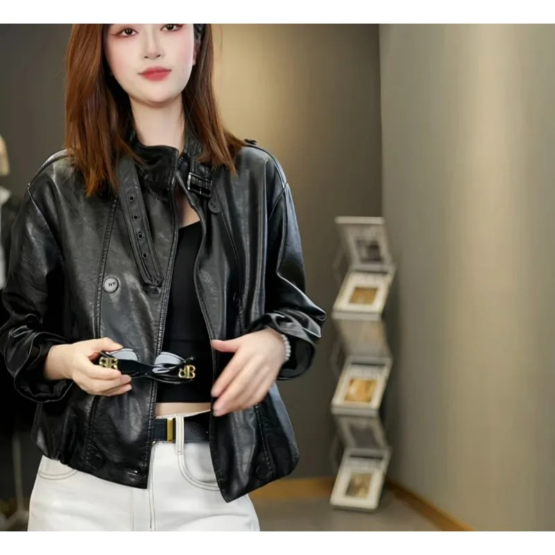 Stand-up Collar Leather Jacket for Women Short Spring Autumn New Style Loose Casual Petite Cool and Stylish Motorcycle Jacket