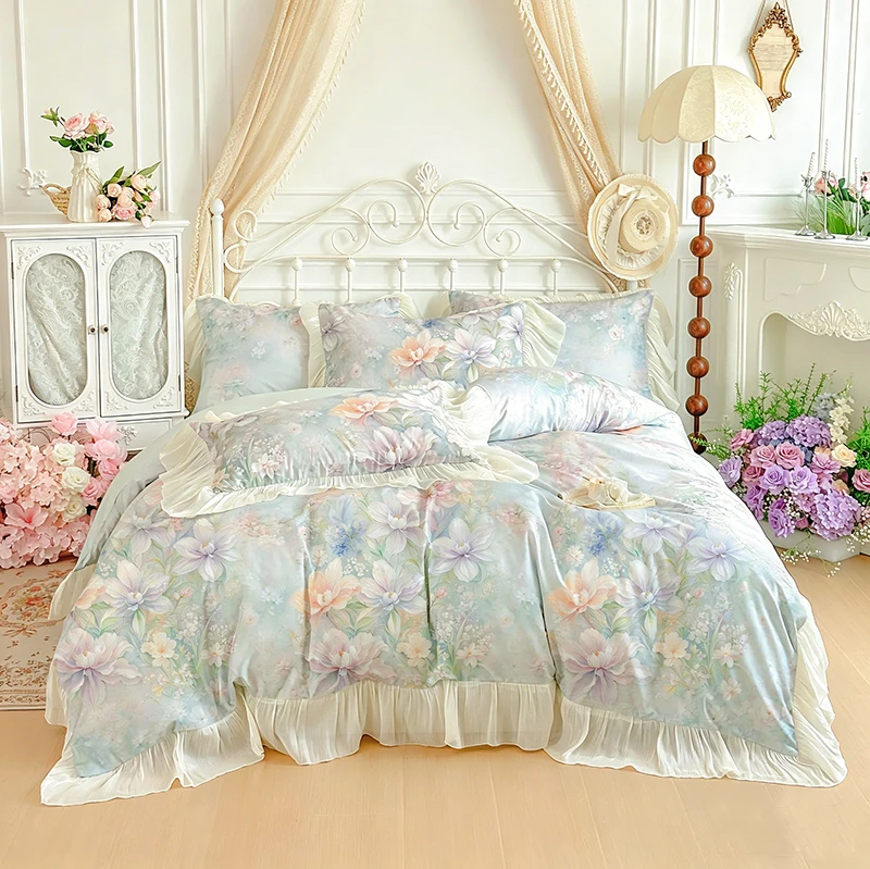 Egyptian Cotton Bedding Set Luxury Flowers Printing Lace Princess Duvet Cover Sets Fitted Bed Sheet Pillowcases Home Textile
