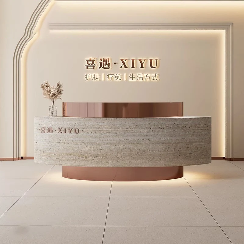 مكتب استقبال لصالونات التجميل بتصميم بيضاوي الشكل فاخر مع مكتب استقبال حديث من الفولاذ المقاوم للصدأ باللون الأسود والأبيض للمكتب #1