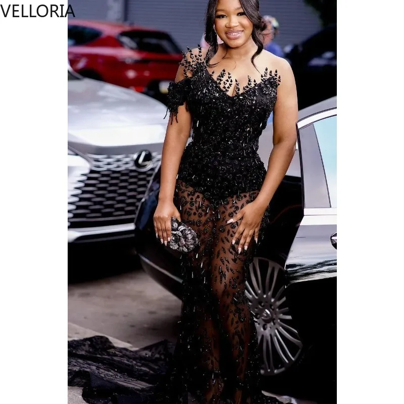 블랙 댄스 파티 드레스 인어 아프리카 아랍어 이브닝 가운 파란색 크리스탈 긴 파티 드레스 생일 드레스 맞춤형