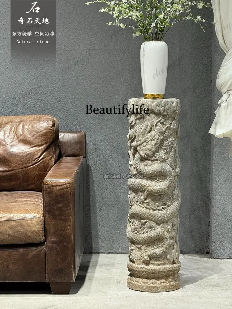Stone carving bluestone dragon pillar tea indoor door ornament Xiangyun pillar antique Chinese style