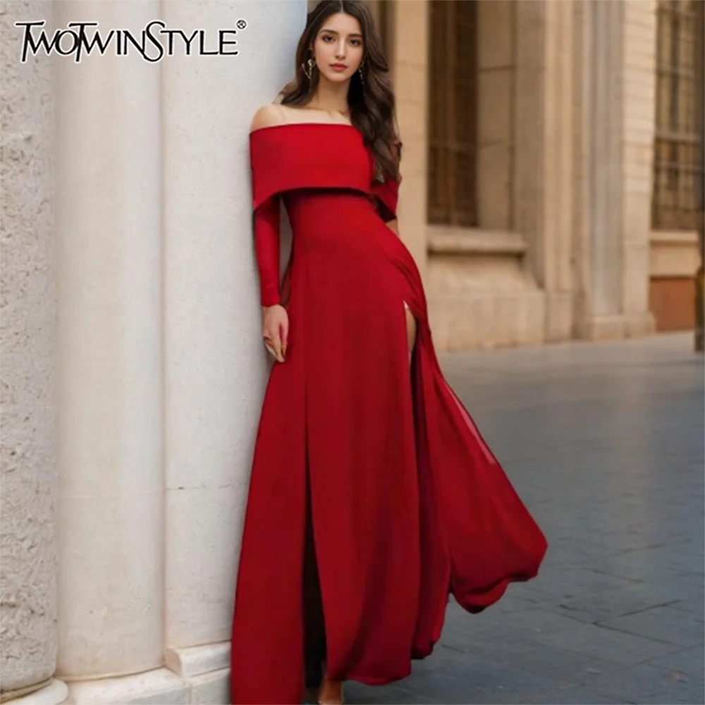 

TWOTWINSTYLE Solid Elegant Minimalist Dress For Women Slash Neck Sleeveless High Waist Split Formal Dresses Female New KDR509638