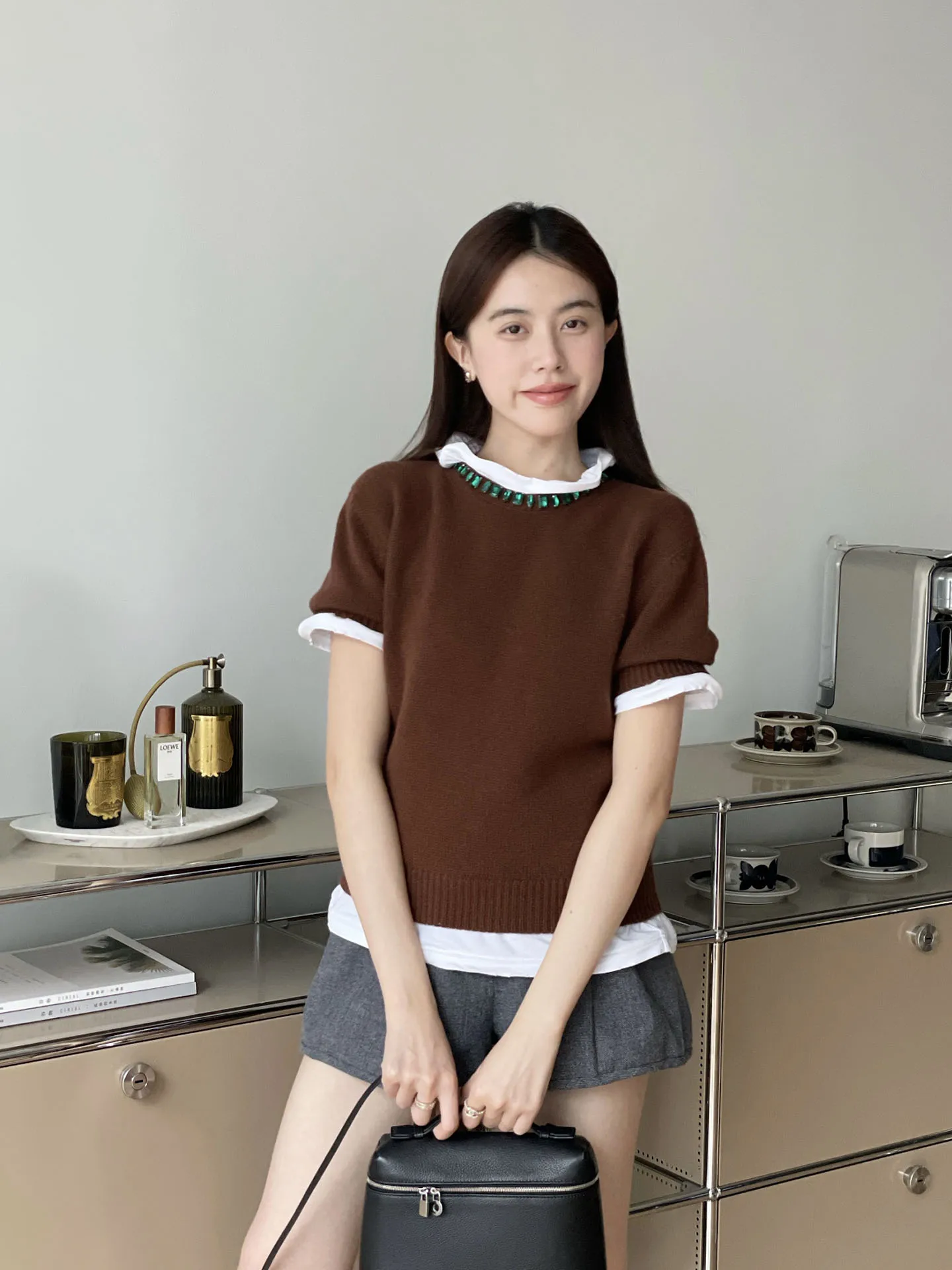 

Fi Buy Brown Women's Vintage een Diamond Embellied Wool Camere ort Sve Knitted Top Faionable Spring