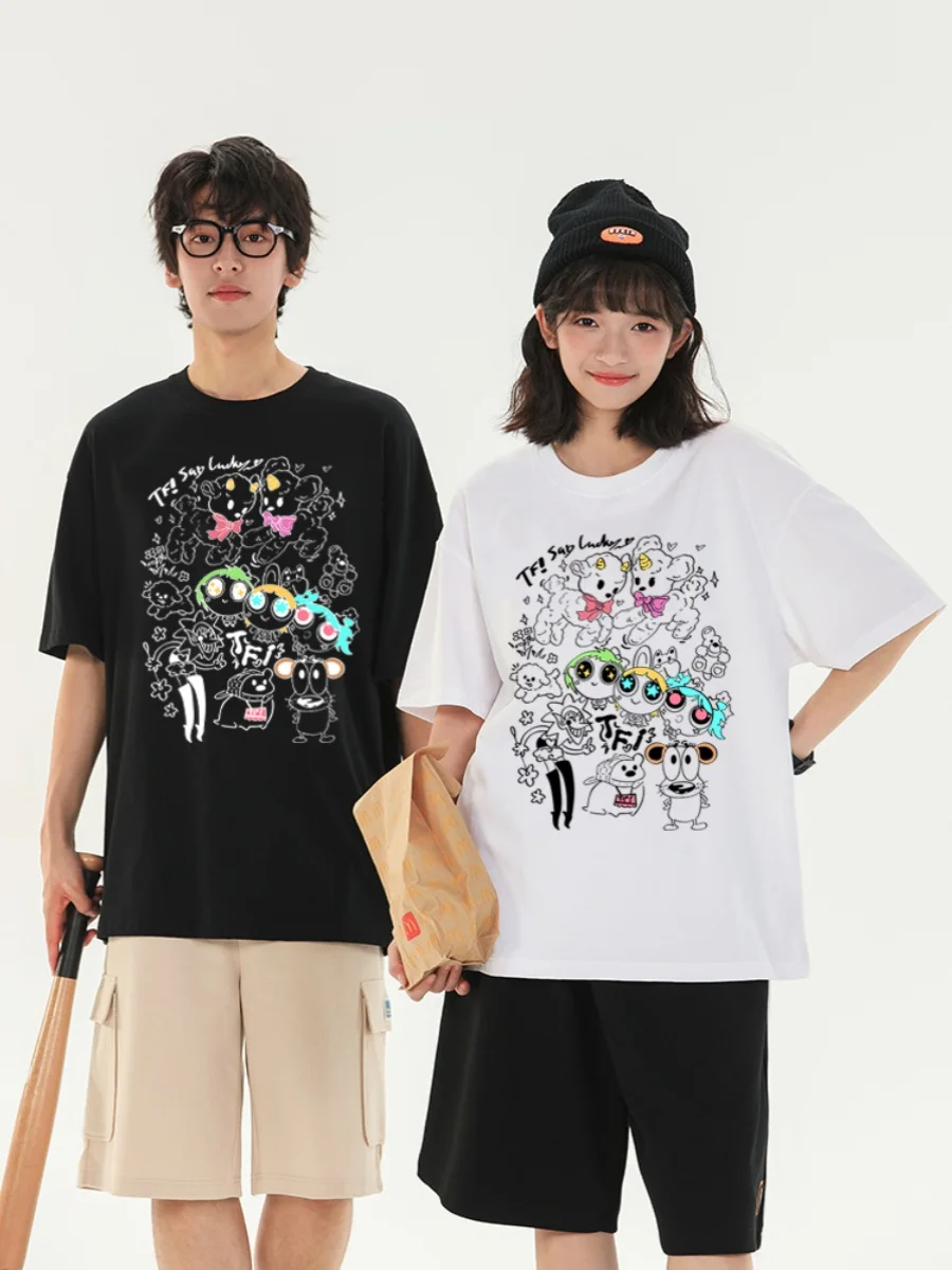 Big-eyed Dog Pattern Couple clothes Summer Casual Breathable T-shirt 2024 New Trendy Cute Style T-shirt