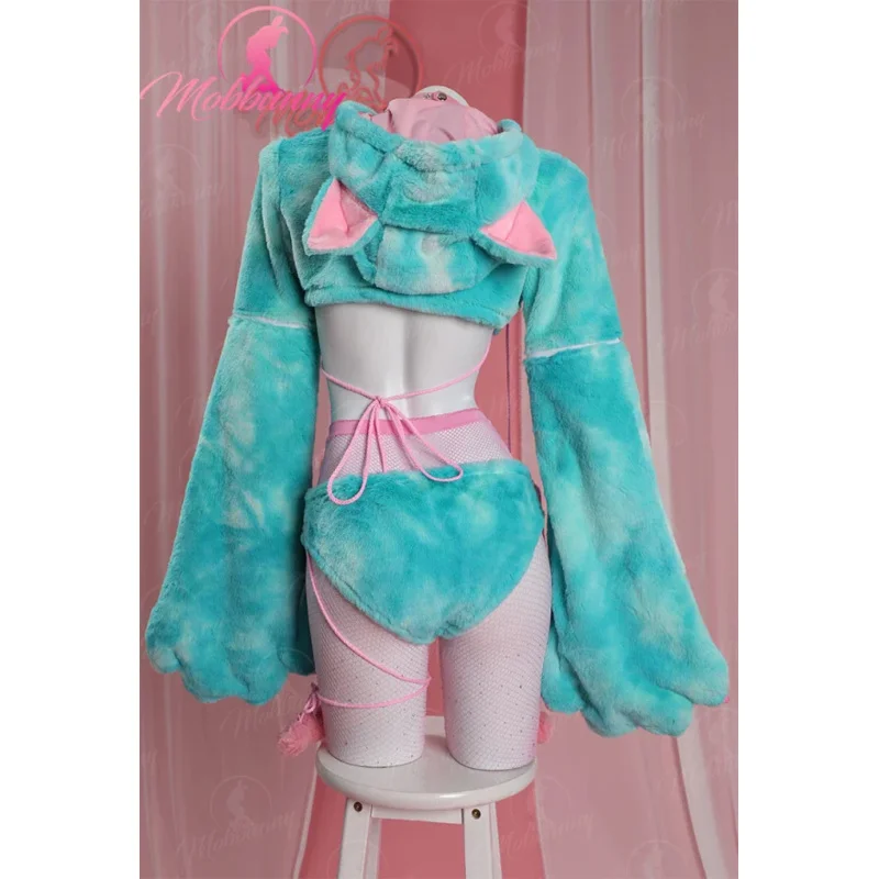 Ensemble de lingerie sexy de pattes de lapin en fourrure pour femmes, costume de cosplay de style chat, soutien-gorge et culotte en peluche avec sweat à capuche court et bas