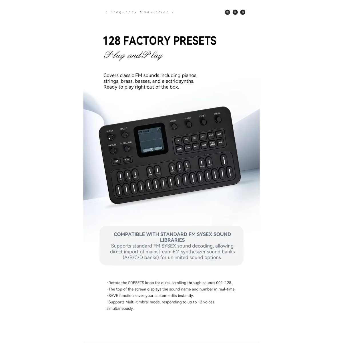 M-VAVE FM-1 Portable FM Synthesizer 6-Operator 32-Algorithm Engine 128 Presets DX7 SYSEX Compatible 27-Key Silicone Keyboard