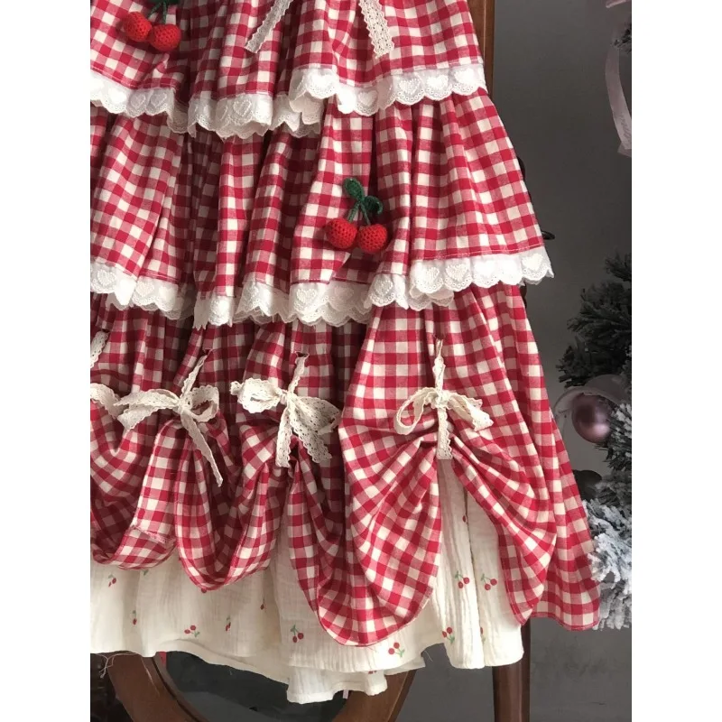 Japanese Sweet Cherry Embroidered Loose A-line Skirt Women 2025 Autumn High Waist Contrast Color Patchwork Pleated Midi Skirt