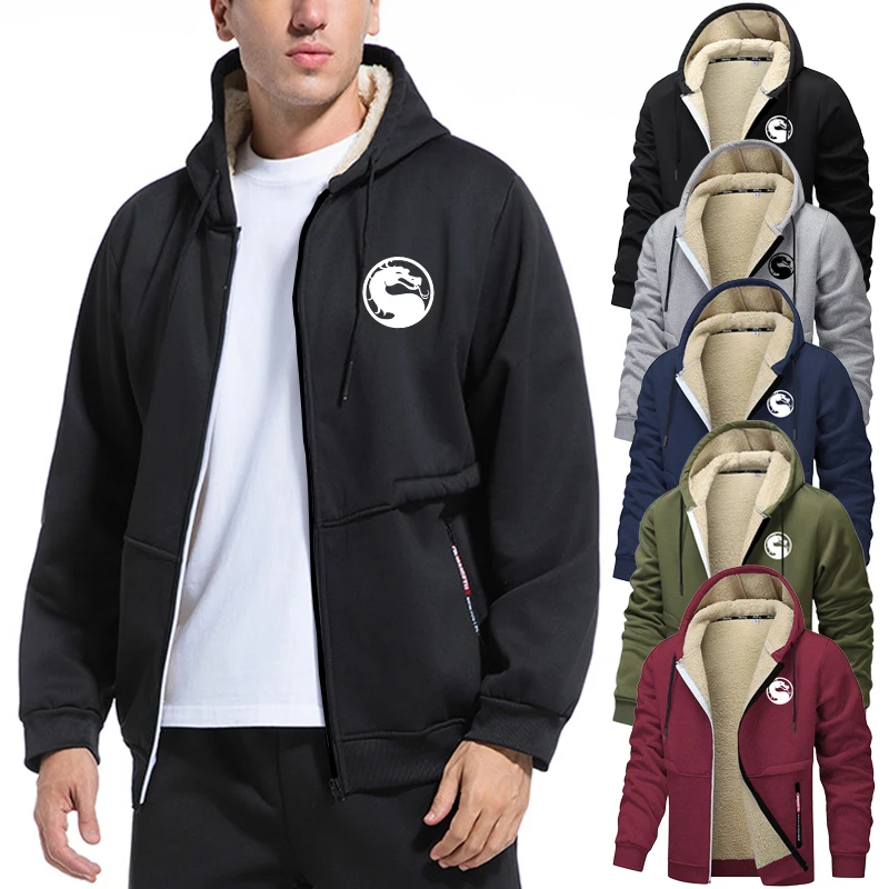 

Dragon Graphic Fleece Lined Jacket for Men Winter Warm Sherpa Plush Outerwear Tops Casual Zip Up Hooded Coat with Zipper Pocket