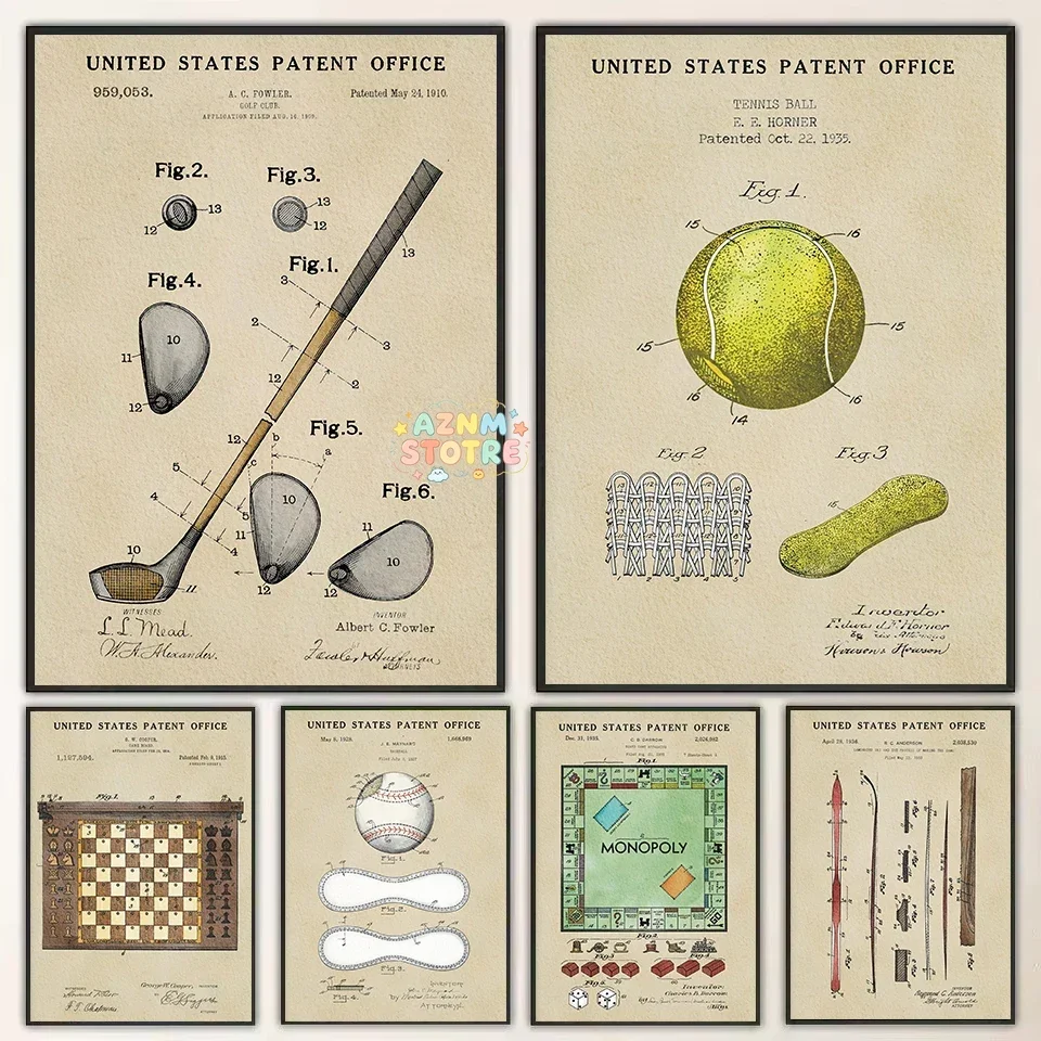 Vintage Classic Sports&Game Golf Ski Monopoly Chess Patent Poster Canvas Painting Wall Art Pictures Home Interior Decor Gift