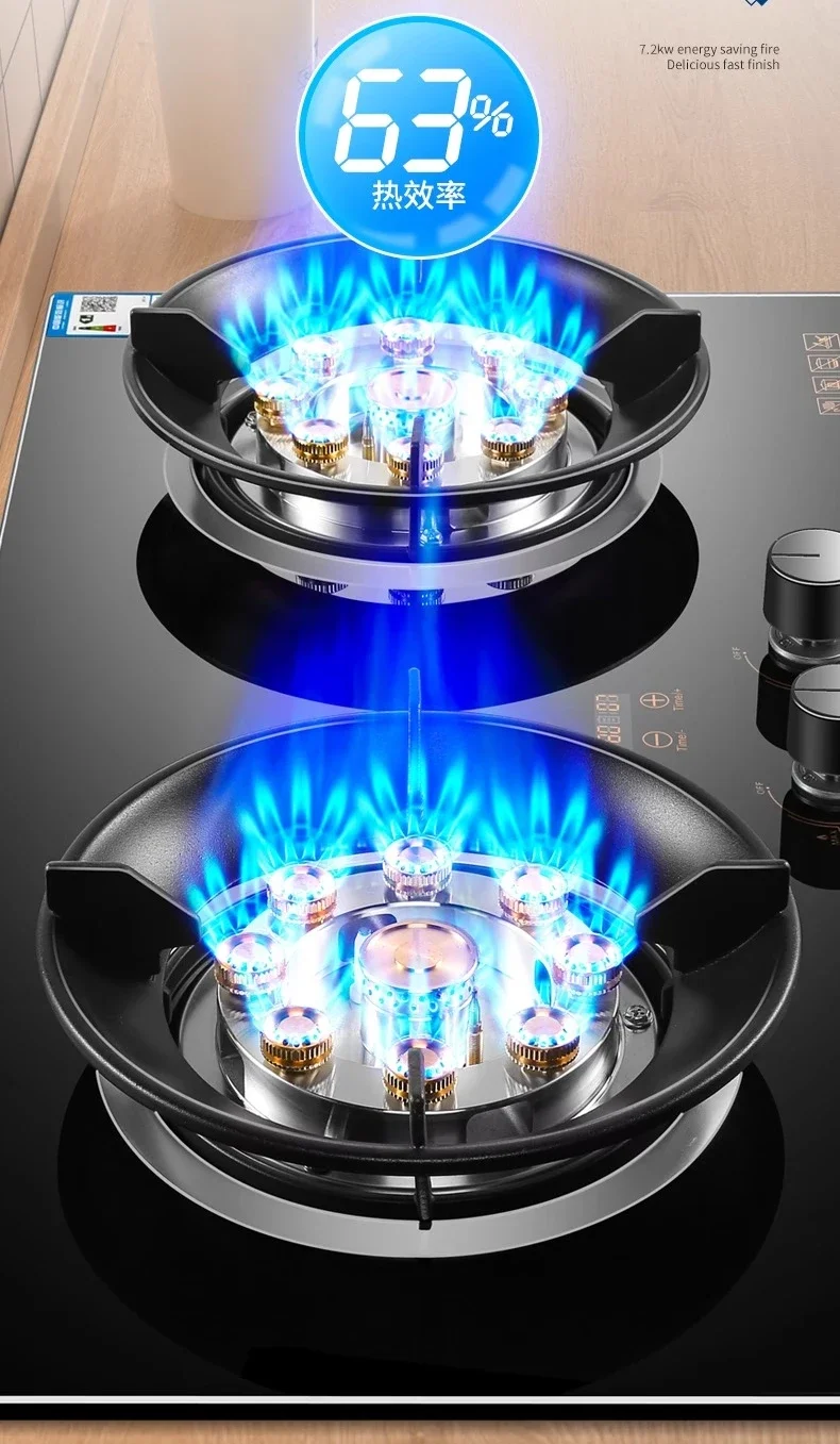 Energy-Saving Double Gas Stove for Home Tabletop Natural Gas/LPG Embedded with Timed High-Fire Settings for Kitchen Cooking