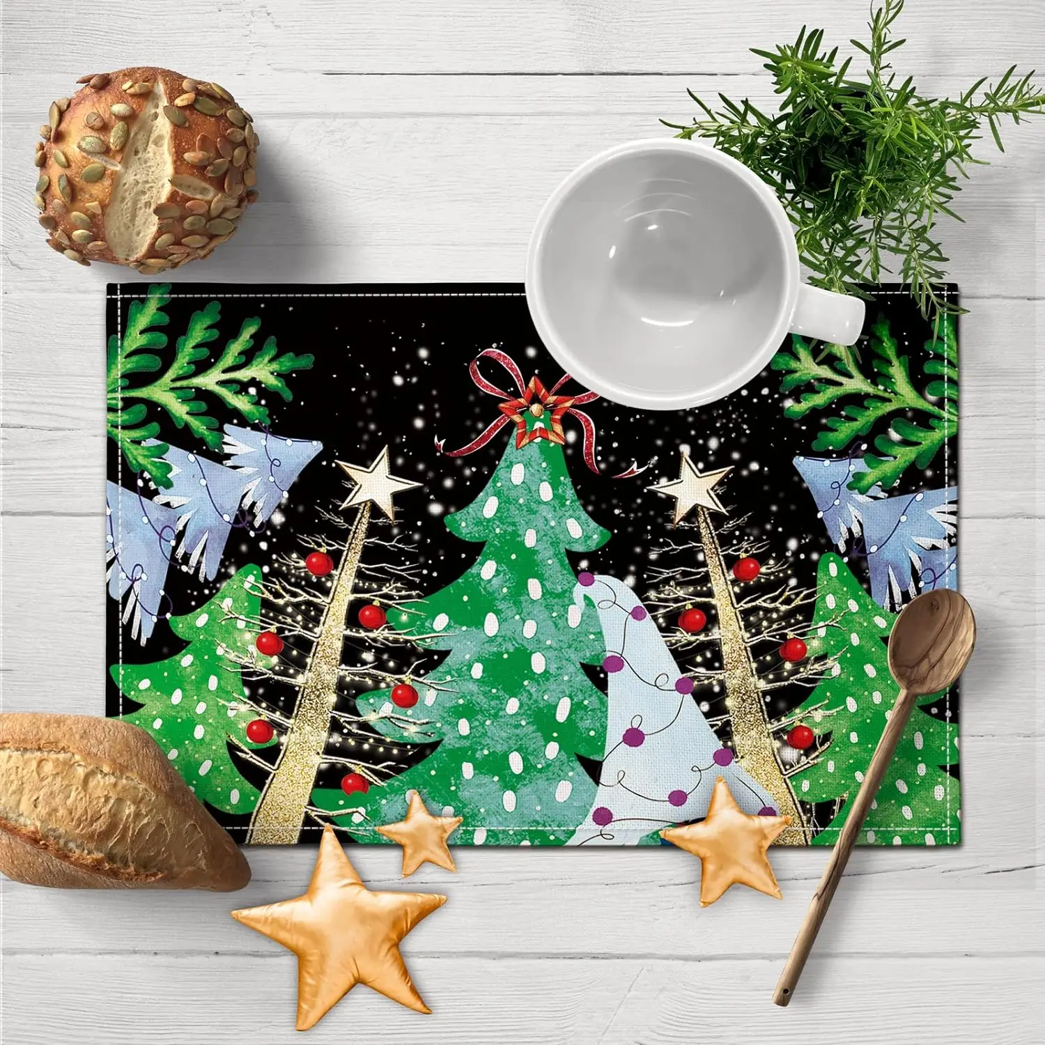 Winter Tree Gold Placemat Set of 4 Winter Seasonal Watercolor Place Mats Heat Resistant Washable Forest in Snow Pine Kitchen