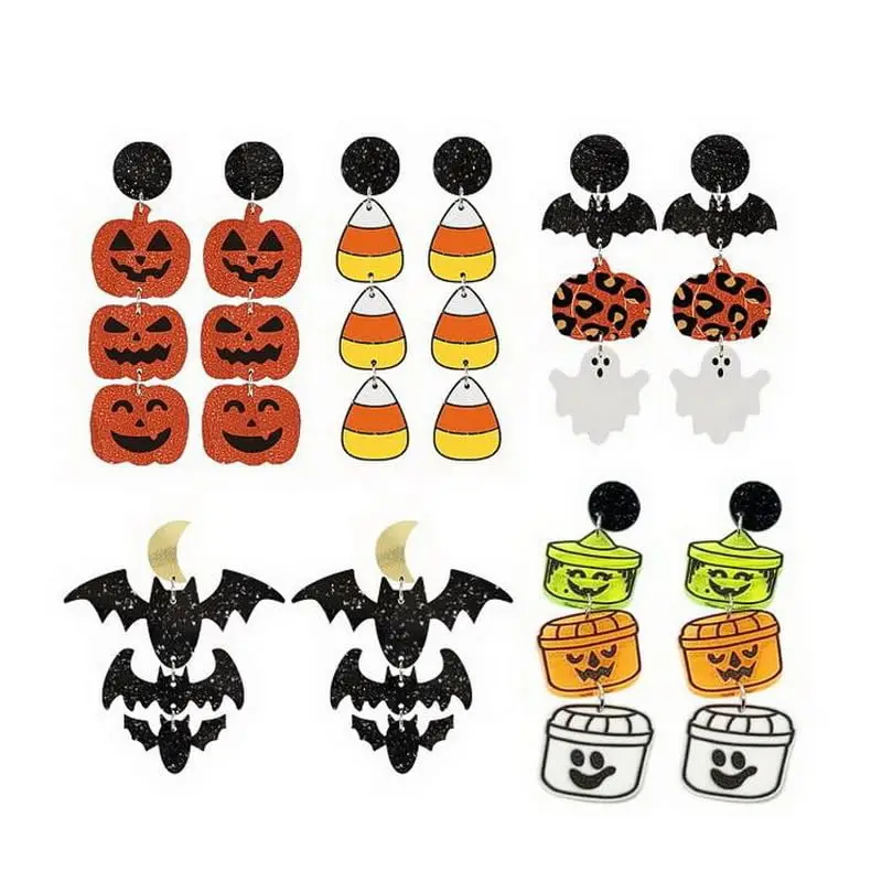 Vintage Acrylic Black Bat Moon Studs Multi Color Candy Smiley Face Pumpkin Stud Earrings for Women Halloween Party Jewelry Gift