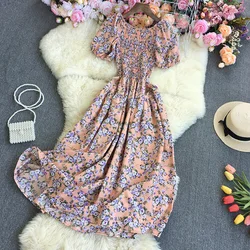 new Women's Clothing Dresses Gentle floral summer 2024 new French retro square neckline bubble sleeve straight neck long skirt