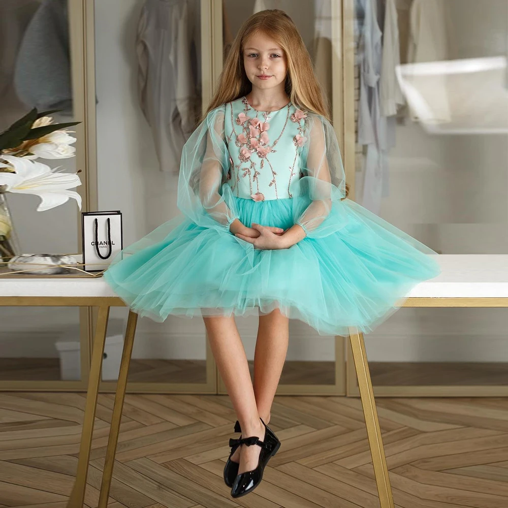 Full Sleeve Soft Tulle Flower Girls Dresses with Sequined Cute Wedding Party Dresses 2024 Summer New فلور فتاة اللباس Zipper