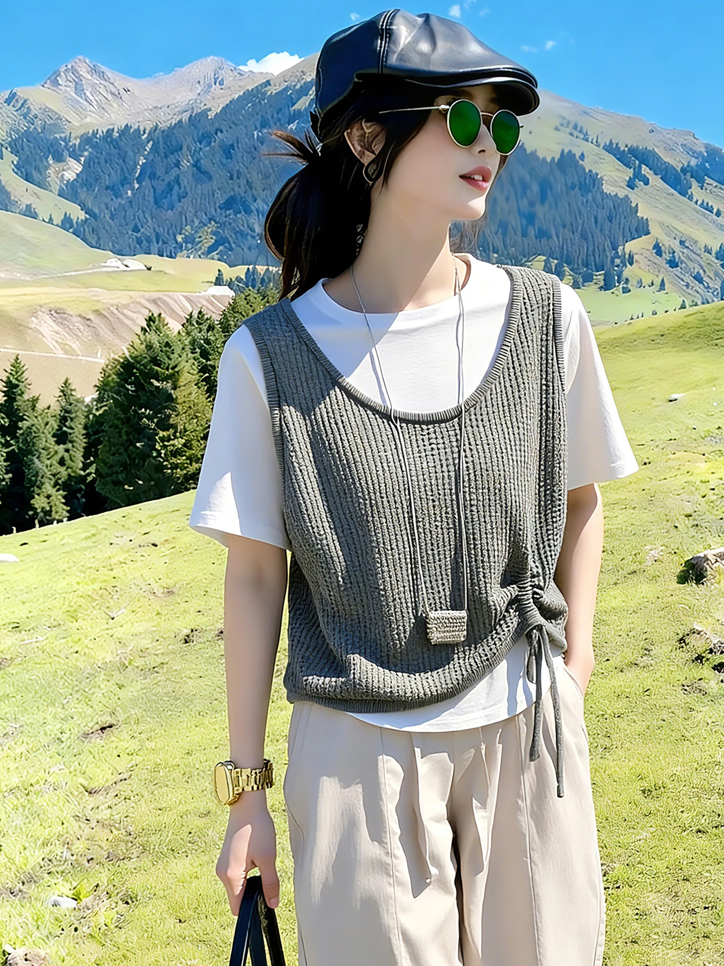 

Fashionable Knitted Two-Piece Set Summer Slimming Belted Vest Color Versatile round Neck Top Elegant Loose Fit Short Sl...