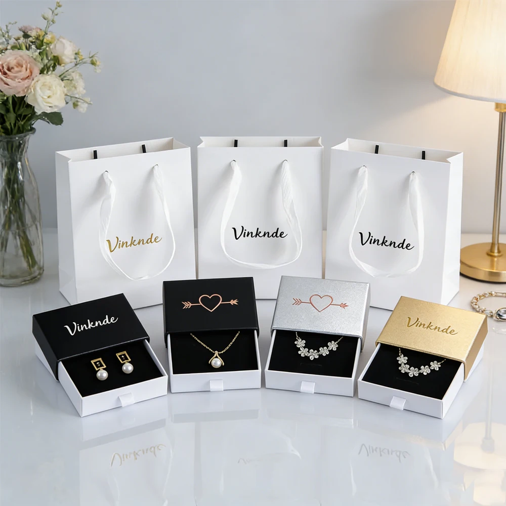 

50Pcs/Lot White Kraft Gift Paper Tote Bags With Jewelry Drawer Cardboard Boxes Custom Logo Wedding Party Favor Handles Bag